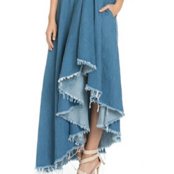 TOV HOLY DENIM ONE SHOULDER RAW HEM RUFFLE HIGH LOW MIDI DRESS - Picture 3 of 16